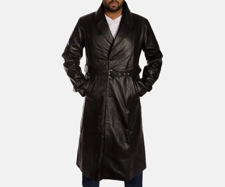 Hooligan Black Leather Trench Coat — Three-Quarter Perspective