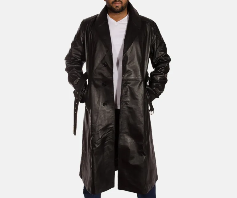 Hooligan Black Leather Trench Coat — Front Detail & Closure