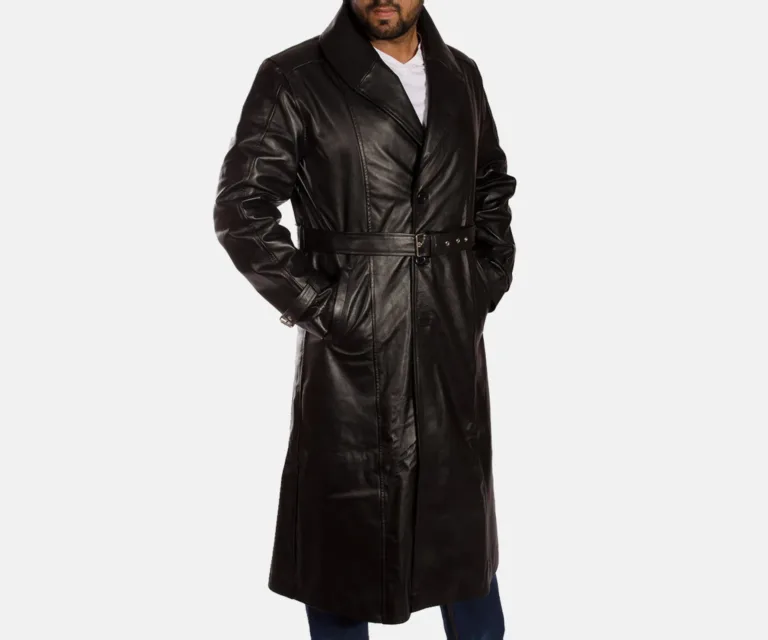 Hooligan Black Leather Trench Coat — Full Editorial Model Perspective