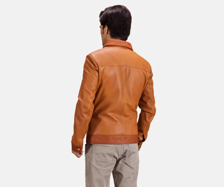 Hubert Tan Brown Leather Jacket — Quarter Angle Profile & Contoured Sleeve Detail