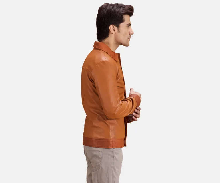 Hubert Tan Brown Leather Jacket — Front Zipped Placket & Collar Detail