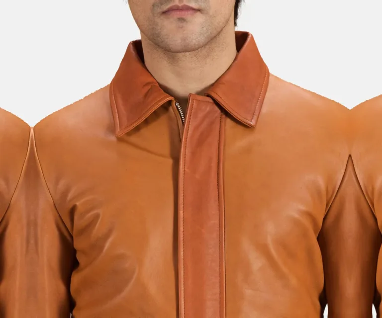 Hubert Tan Brown Leather Jacket — Macro Detail Texture, Stitching & Hardware