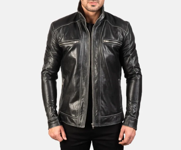 Hudson Black Leather Biker Jacket — Front Open Hero Presentation