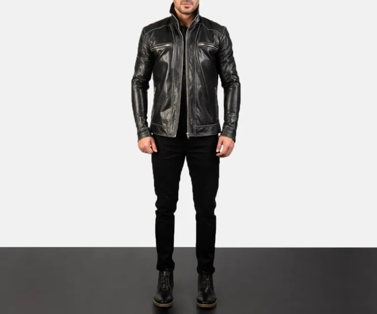Hudson Black Leather Biker Jacket — Front Zipped Placket & Collar Detail