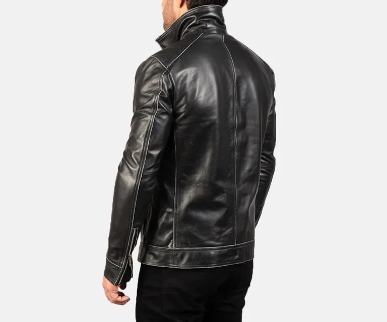 Hudson Black Leather Biker Jacket — Macro Detail Texture, Stitching & Hardware