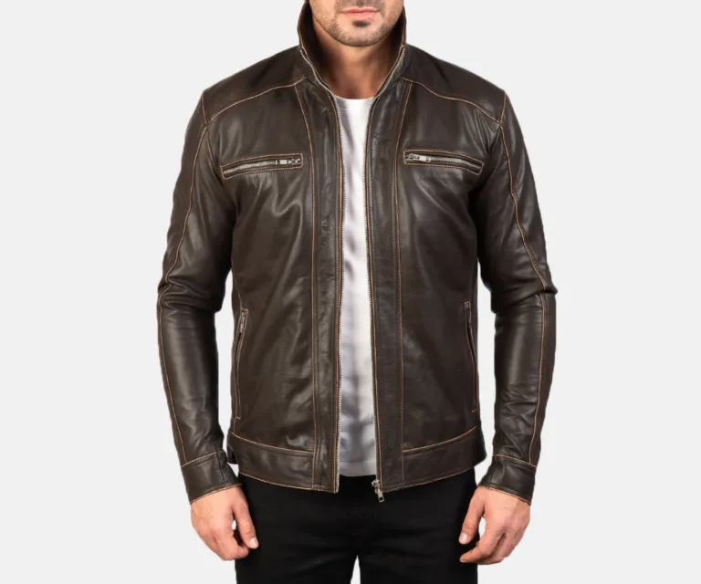 Hudson Brown Leather Biker Jacket — Front Open Hero Presentation