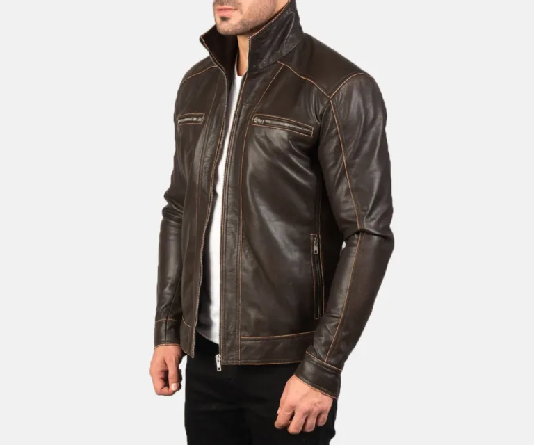Hudson Brown Leather Biker Jacket — Quarter Angle Side Profile & Contoured Sleeve Detail