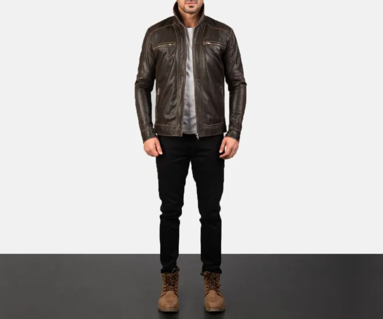 Hudson Brown Leather Biker Jacket — Front Zipped Placket & Collar Detail