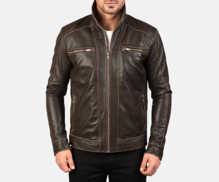 Hudson Brown Leather Biker Jacket — Rear Back View & Tapered Waistband