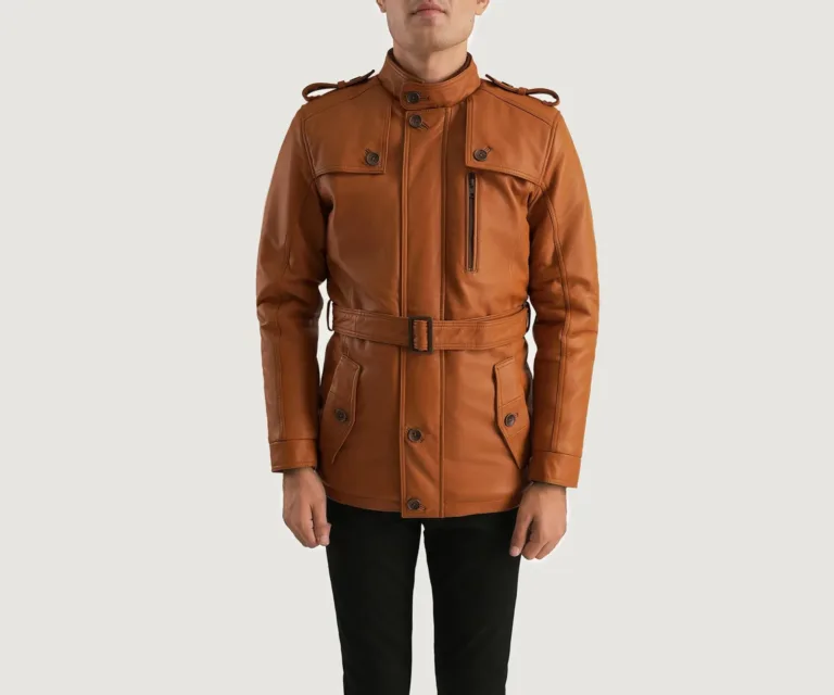 Hunter Tan Brown Fur Leather Jacket — Rear Back View & Tailored Vent Hemline