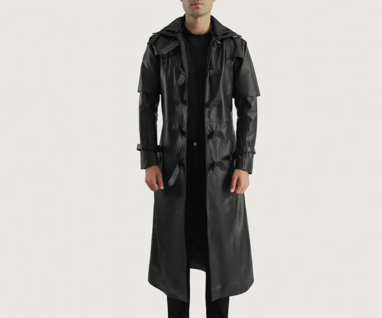 Huntsman Black Hooded Leather Trench Coat — Front Open Hero Presentation