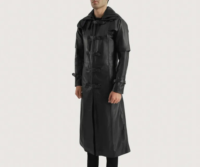 Huntsman Black Hooded Leather Trench Coat — Front Collar & Placket Thermal Detail