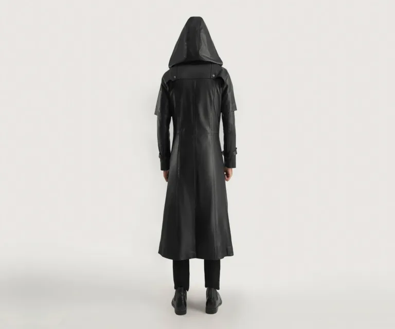Huntsman Black Hooded Leather Trench Coat — Rear Back View & Tailored Hemline