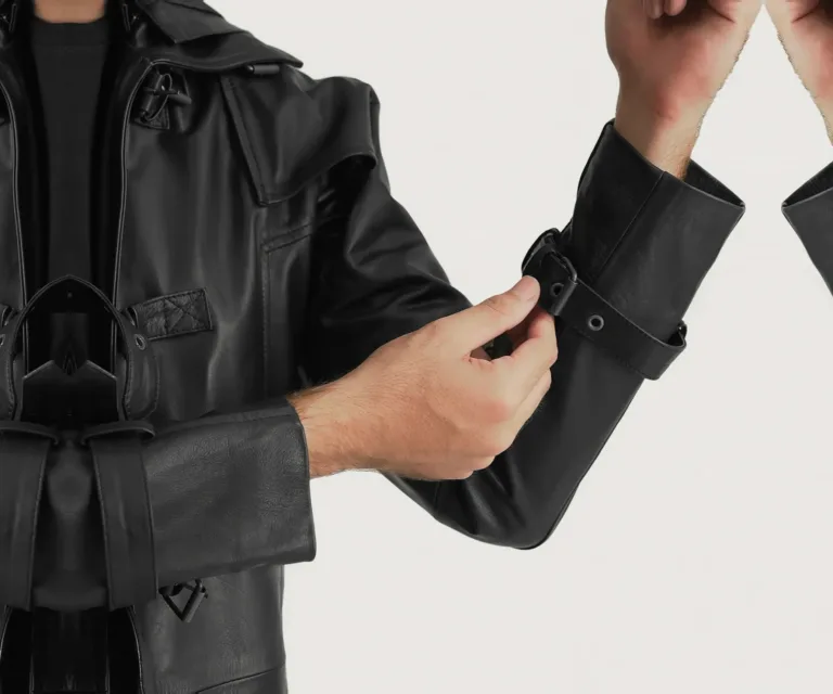 Huntsman Black Hooded Leather Trench Coat — Macro Detail Texture, Stitching & Hardware
