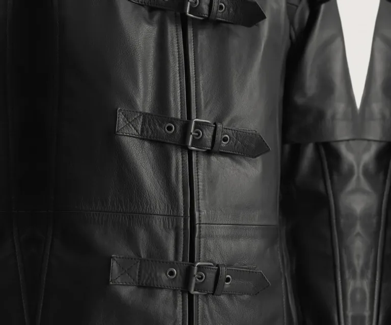 Huntsman Black Hooded Leather Trench Coat — Full-Length Model Editorial Presentation