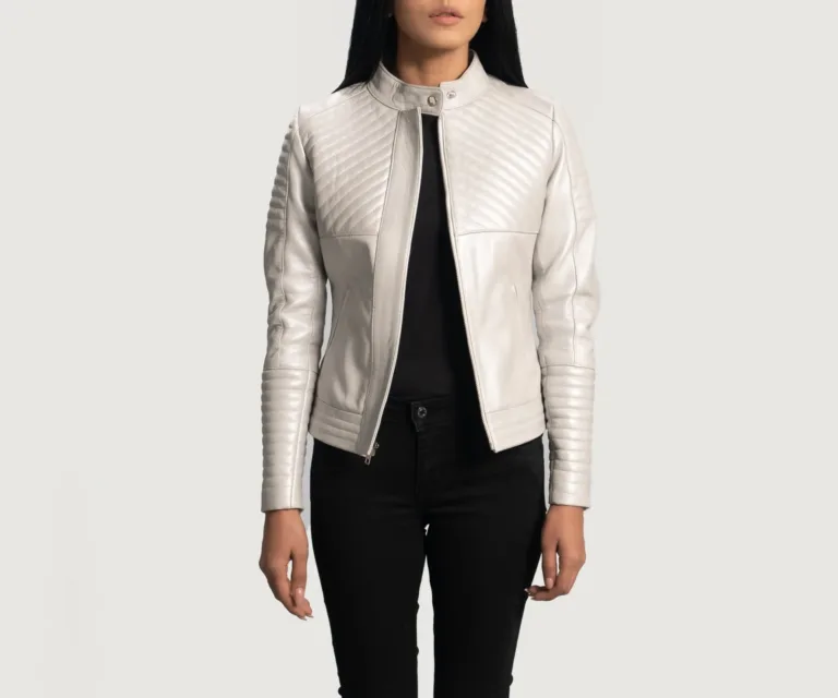 Ice Maiden Silver Quilted Leather Biker Jacket Luxury Women's Biker Jacket — Asymmetrical Zipper & Lapel Architecture