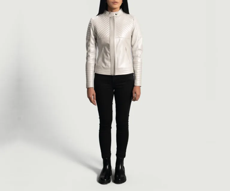 Ice Maiden Silver Quilted Leather Biker Jacket Luxury Women's Biker Jacket — Rear Profile & Tailored Seaming