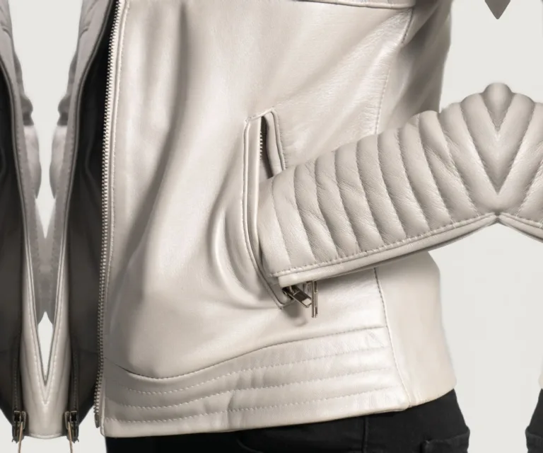 Ice Maiden Silver Quilted Leather Biker Jacket Luxury Women's Biker Jacket — Full-Length Silhouette & Drape
