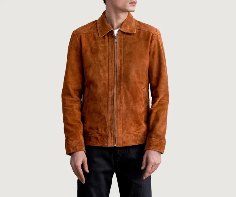 Inferno Brown Suede Leather Jacket — Front Placket & Refined Collar Detail