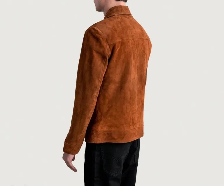 Inferno Brown Suede Leather Jacket — Full-Length Model Editorial Presentation