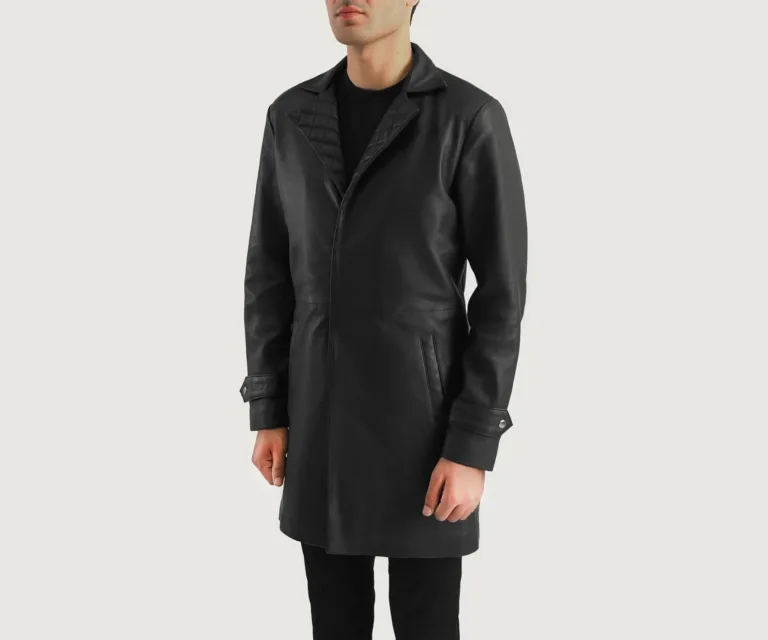 Infinity Black Leather Coat — Three-Quarter Perspective