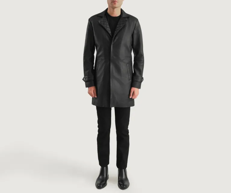 Infinity Black Leather Coat — Front Detail & Closure