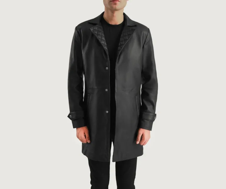 Infinity Black Leather Coat — Rear Profile View
