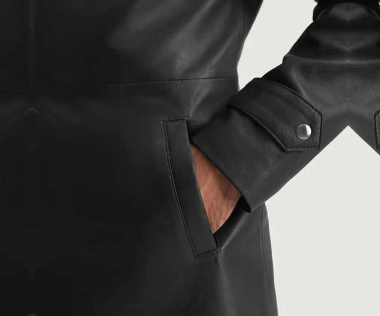 Infinity Black Leather Coat — Full Editorial Model Perspective