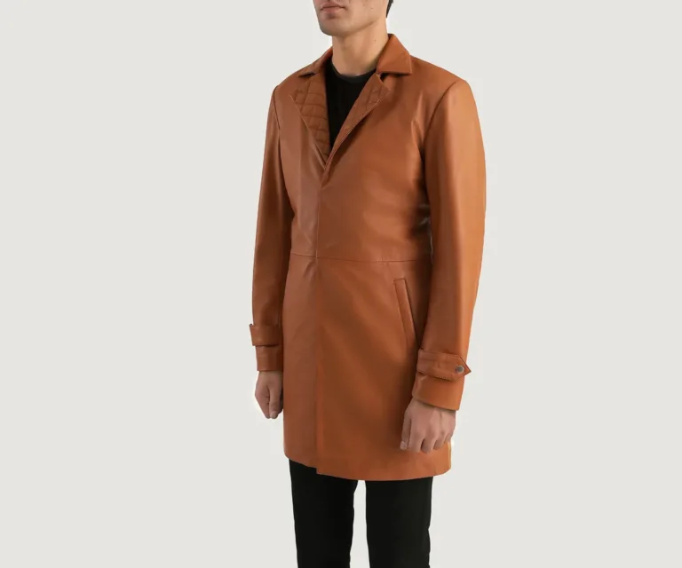 Infinity Tan Brown Leather Coat — Three-Quarter Perspective