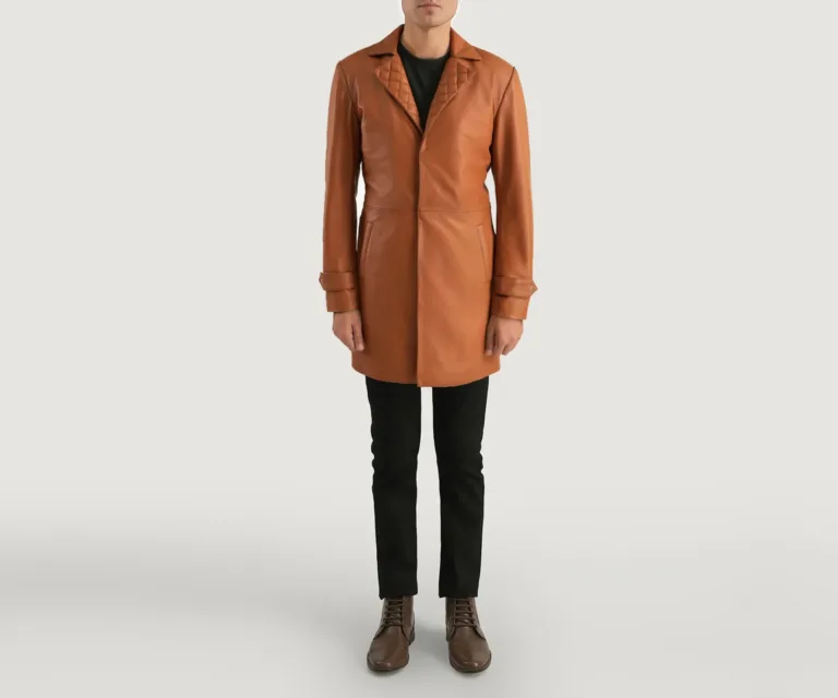 Infinity Tan Brown Leather Coat — Front Detail & Closure