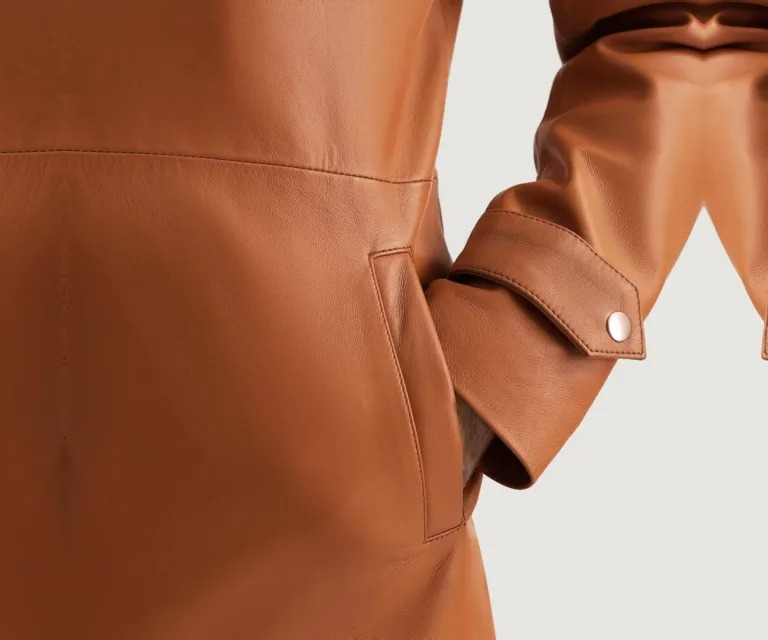 Infinity Tan Brown Leather Coat — Full Editorial Model Perspective