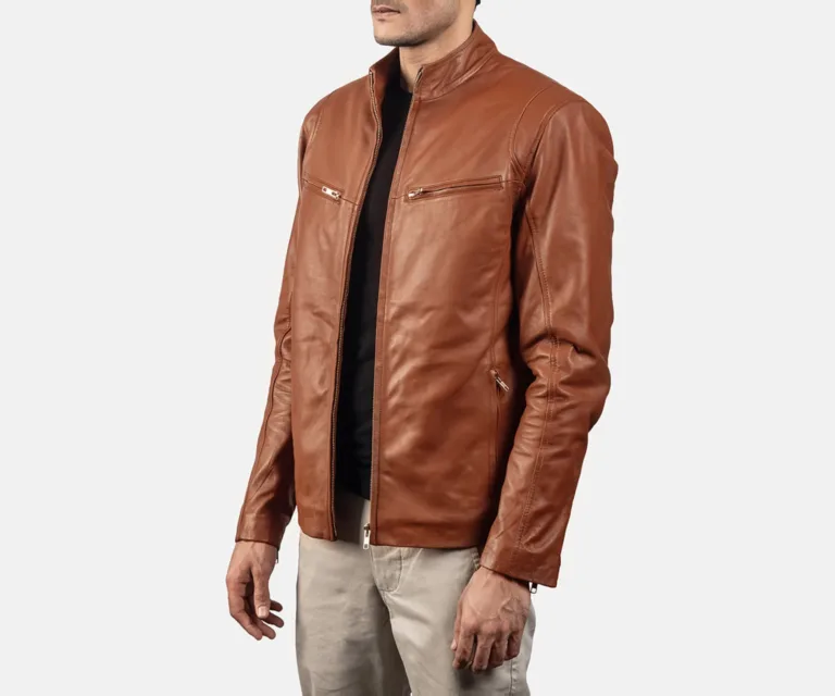 Ionic Brown Leather Biker Jacket — Quarter Angle Profile & Contoured Sleeve Detail