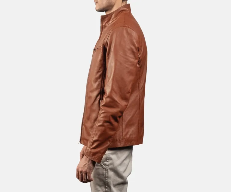 Ionic Brown Leather Biker Jacket — Macro Detail Texture, Stitching & Hardware