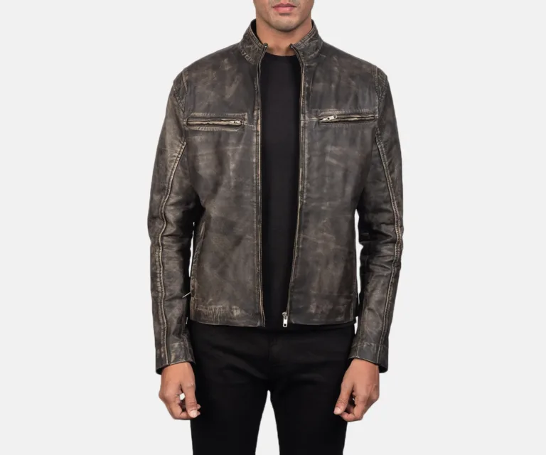 Ionic Distressed Brown Leather Biker Jacket — Front Open Hero Presentation