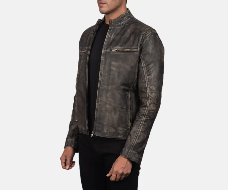 Ionic Distressed Brown Leather Biker Jacket — Quarter Angle Profile & Contoured Sleeve Detail