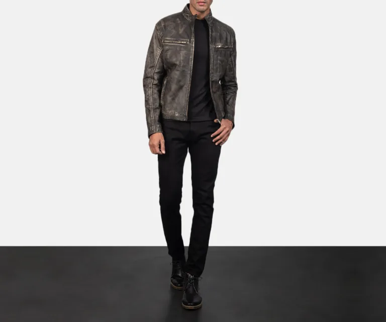 Ionic Distressed Brown Leather Biker Jacket — Rear Back View & Clean Hemline