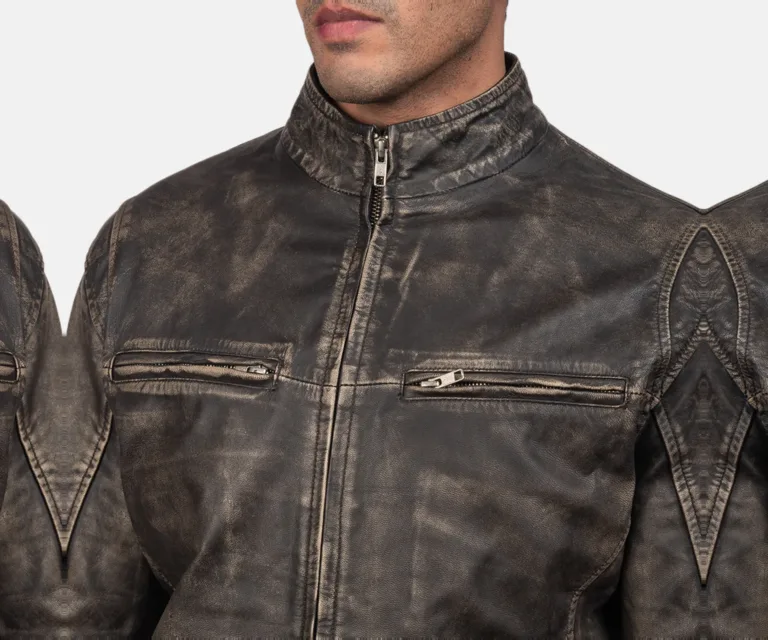 Ionic Distressed Brown Leather Biker Jacket — Macro Detail Texture, Stitching & Hardware