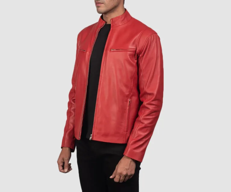 Ionic Red Leather Biker Jacket — Quarter Angle Profile & Contoured Sleeve Detail