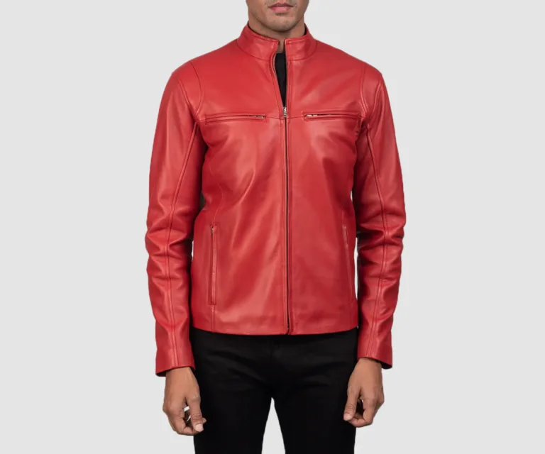 Ionic Red Leather Biker Jacket — Front Zipped Placket & Collar Detail