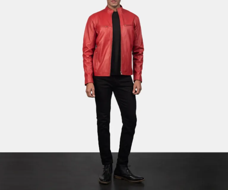 Ionic Red Leather Biker Jacket — Rear Back View & Clean Hemline