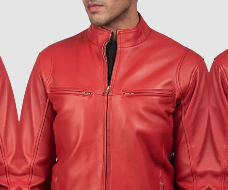 Ionic Red Leather Biker Jacket — Macro Detail Texture, Stitching & Hardware
