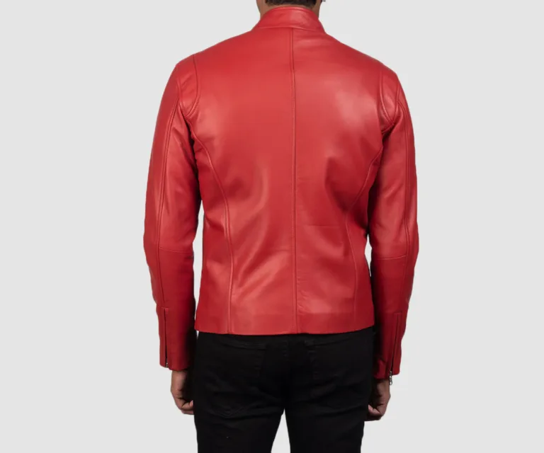 Ionic Red Leather Biker Jacket — Full-Length Model Editorial Presentation