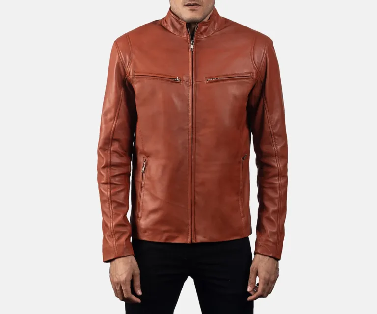 Ionic Tan Brown Leather Biker Jacket — Front Open Hero Presentation