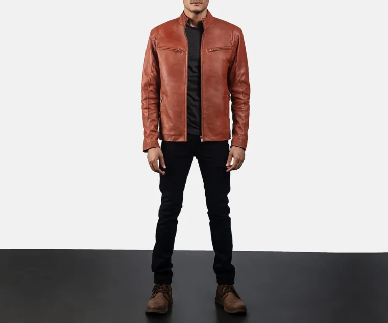 Ionic Tan Brown Leather Biker Jacket — Front Zipped Placket & Collar Detail