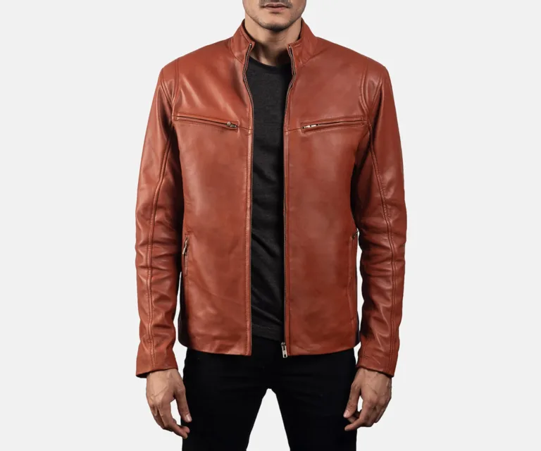 Ionic Tan Brown Leather Biker Jacket — Rear Back View & Clean Hemline