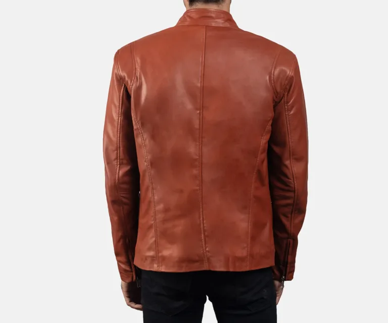 Ionic Tan Brown Leather Biker Jacket — Macro Detail Texture, Stitching & Hardware