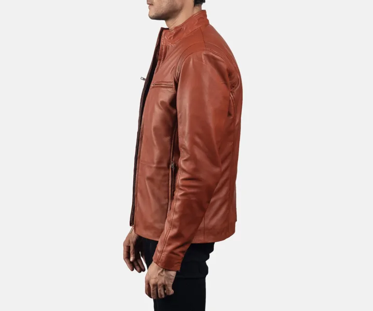 Ionic Tan Brown Leather Biker Jacket — Full-Length Model Editorial Presentation
