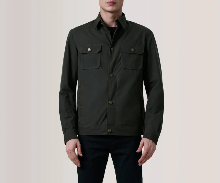 Irwin Olive Waxed Canvas Field Jacket — Front Close-Up View