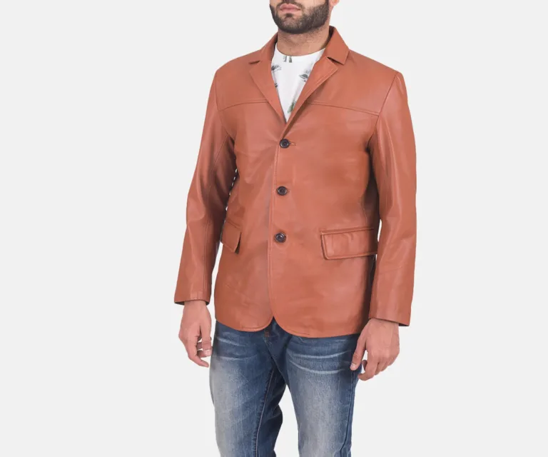 James Tan Brown Leather Blazer — Quarter Angle Profile & Contoured Sleeve Detail
