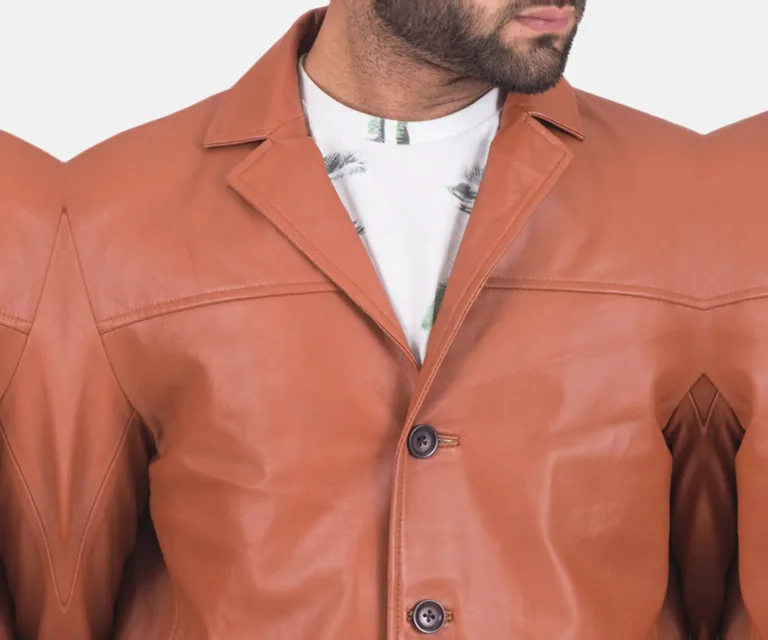 James Tan Brown Leather Blazer — Rear Back View & Tailored Vent Hemline